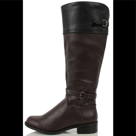 Brown two tone knee high riding heel low heel boot - Picture 2 of 5